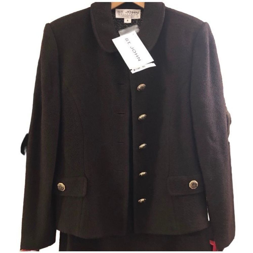 St John Womens Brown Marie Gray 2 Pc Button Down Blazer Skirt Suit Set Size 4